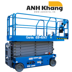Xe nâng người cắt kéo Genie GS-4047 màu xanh lam, chiều cao làm việc 14m.